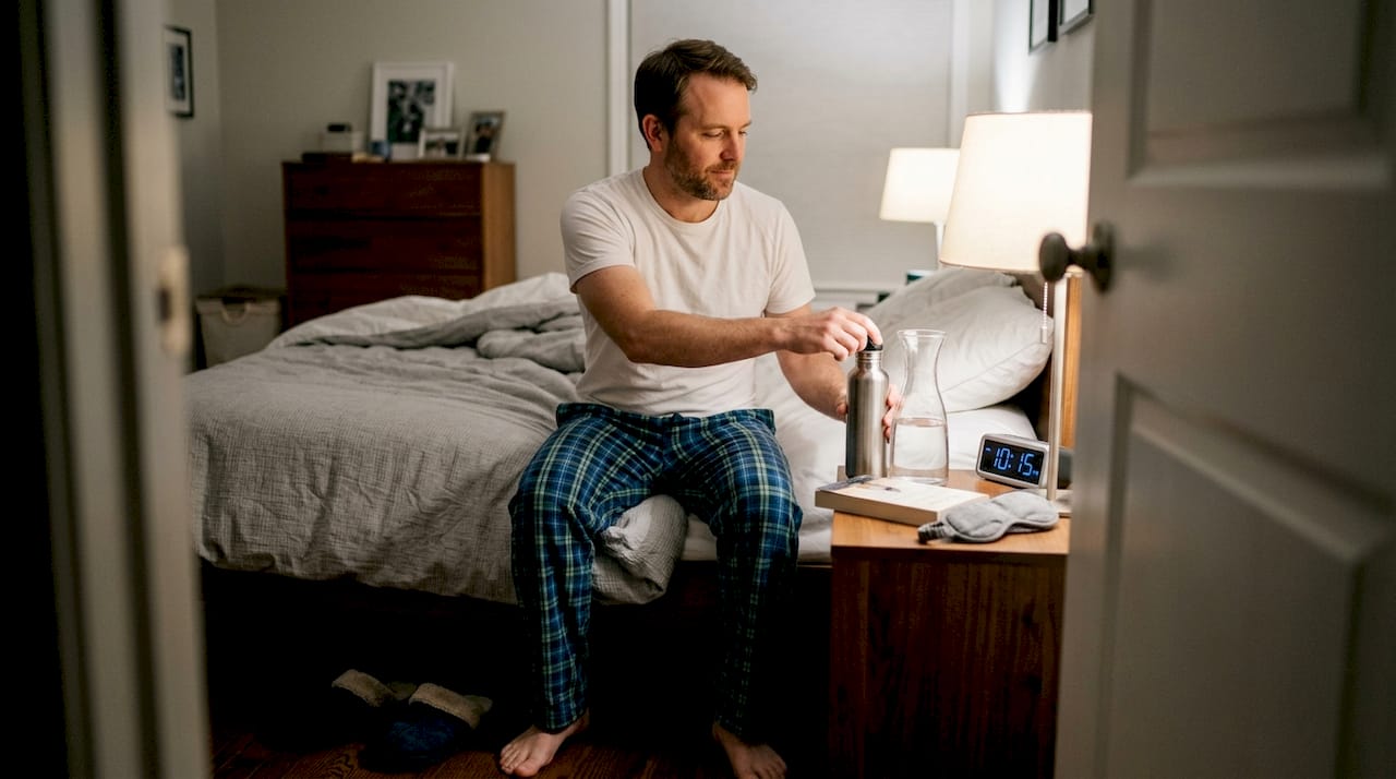 Man preparing water by bedside as part of healthy routine