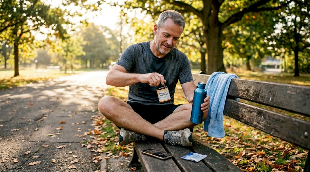 Man using collagen supplement post workout bench
