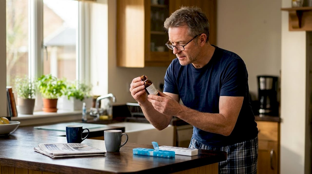 Man examines supplement label in kitchen morning