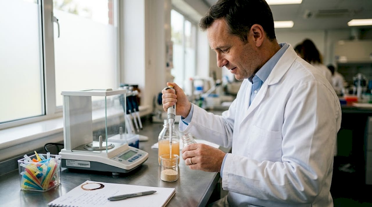 Lab technician adding natural flavour to collagen