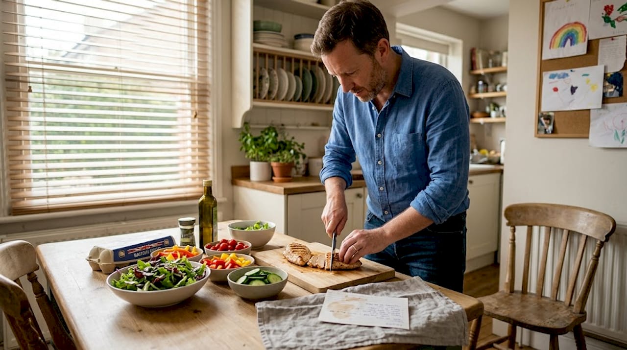Man prepping protein-rich salad at table
