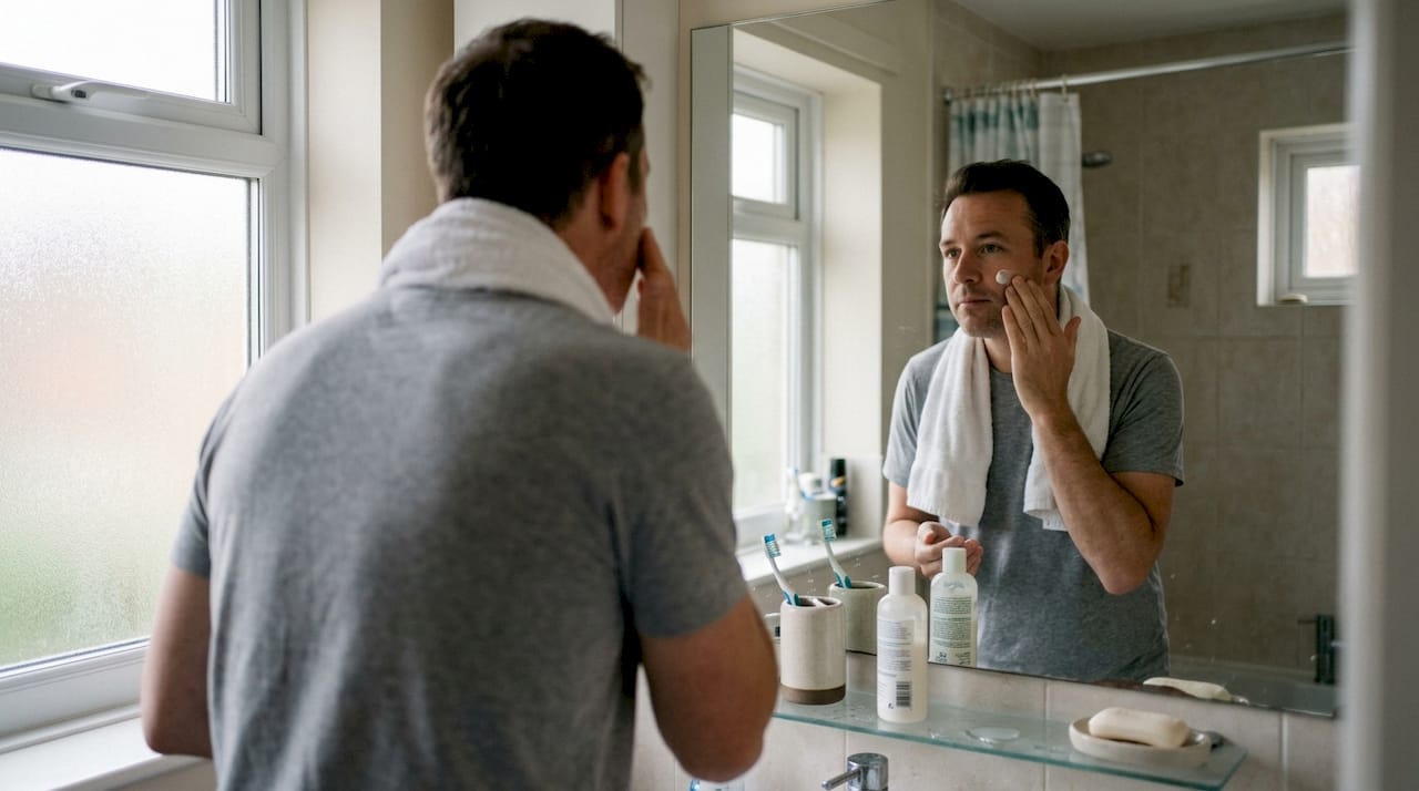 Man applying moisturizer in bathroom