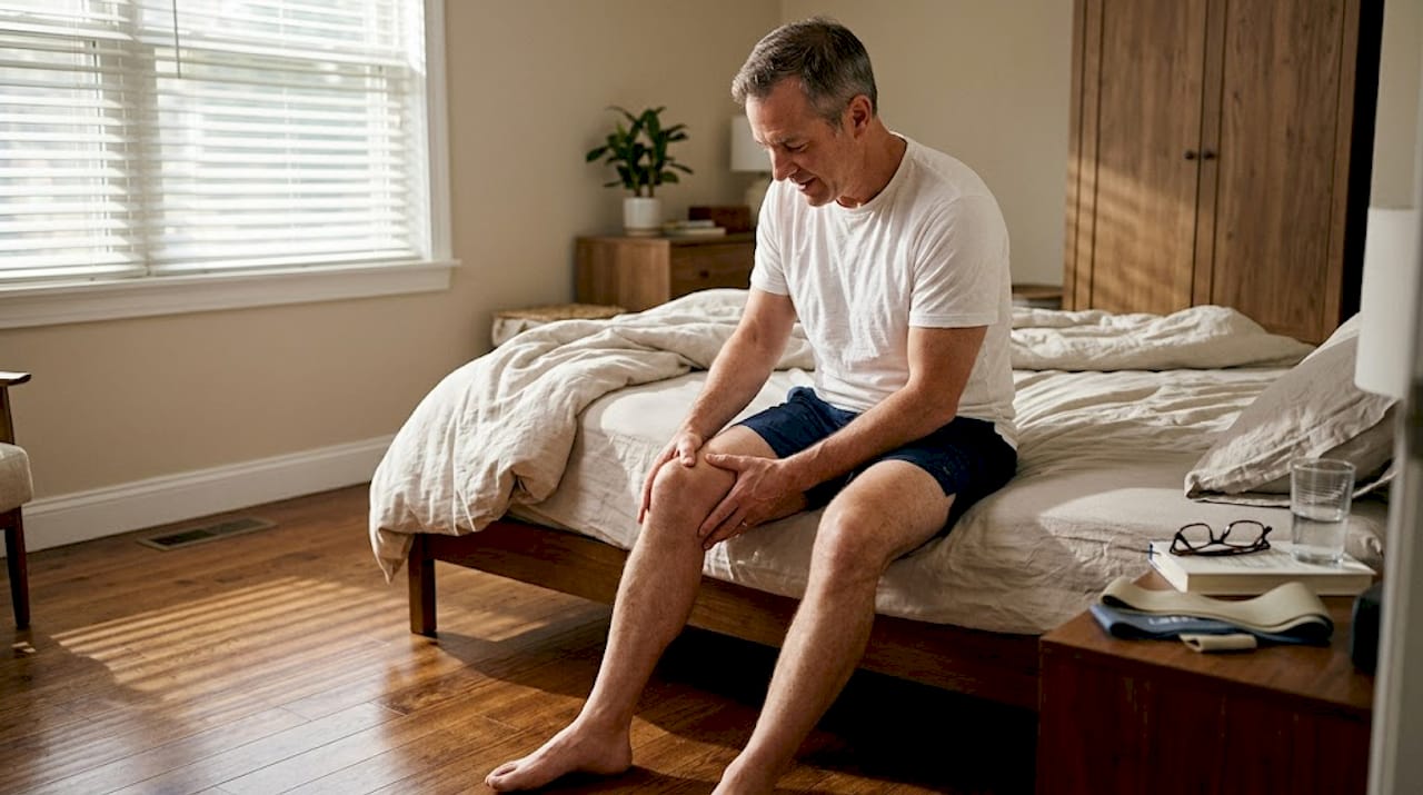 Man massaging knee on edge of bed