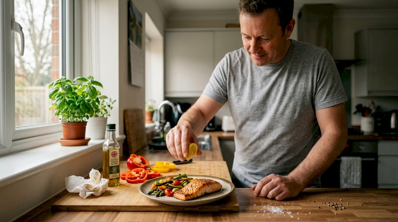 Man prepares healthy salmon meal in kitchen