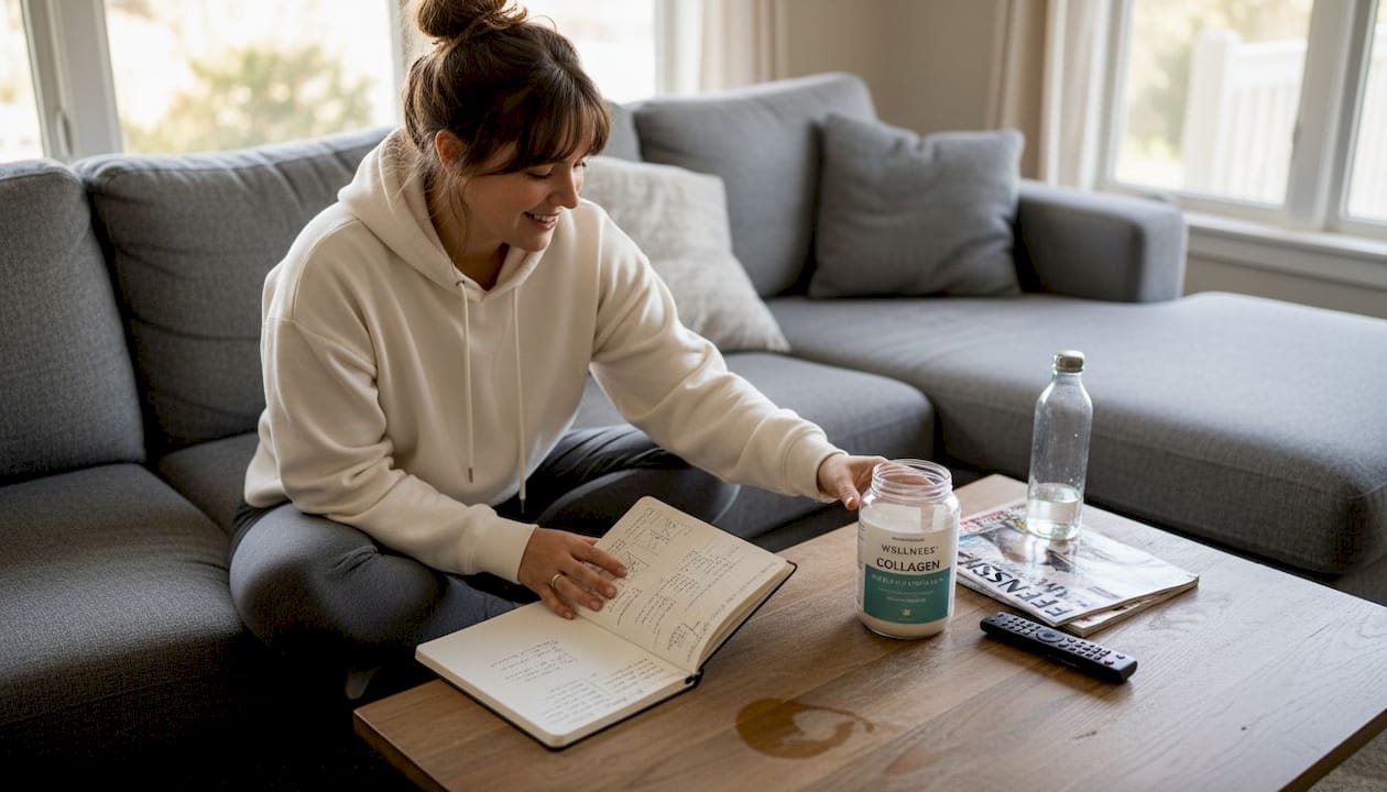 Woman reading on sofa with supplements nearby