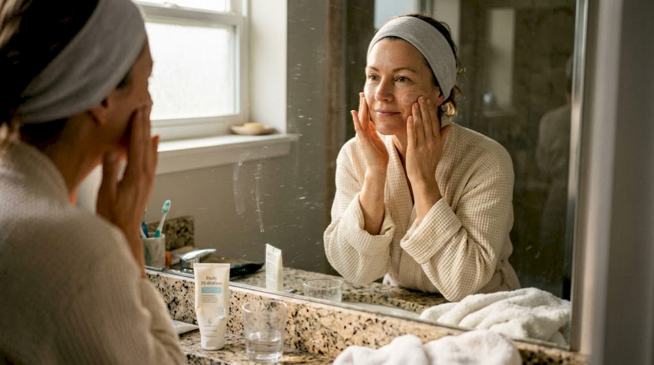 Woman applying moisturizer in home bathroom