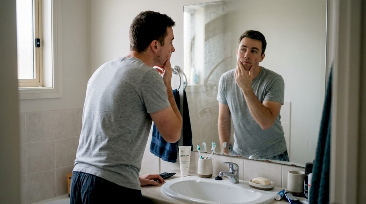 Man checking facial skin in bathroom mirror