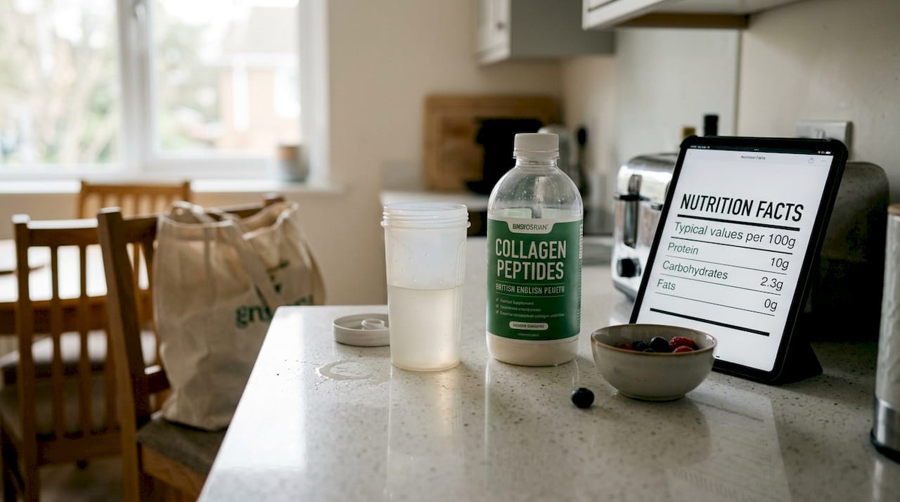 Collagen supplement and healthy items on kitchen counter