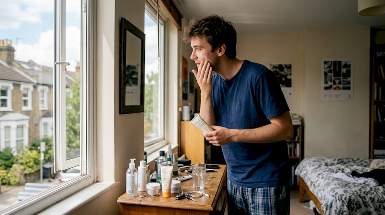 Man applies sunscreen in casual city bedroom