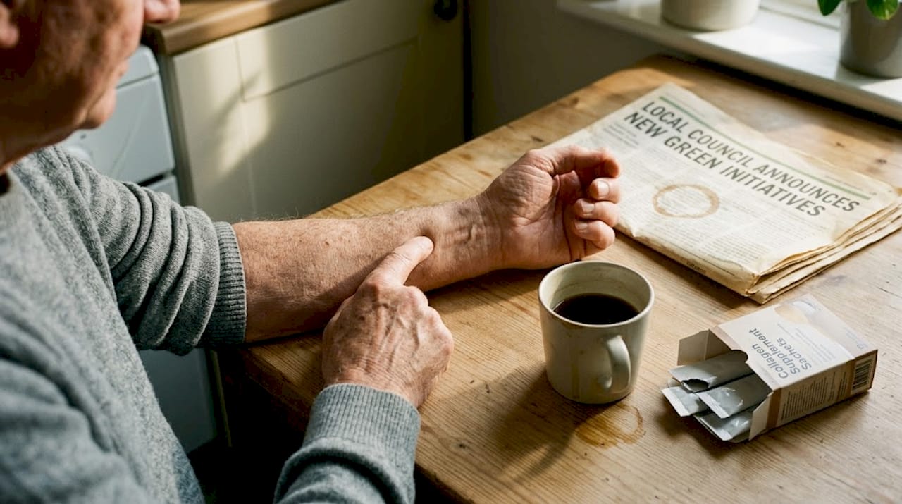 Older man tests skin elasticity on forearm