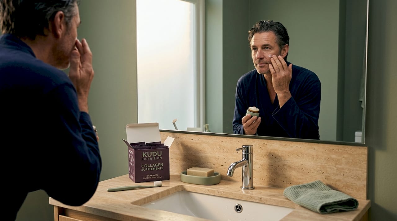 Man applying collagen supplement by bathroom sink