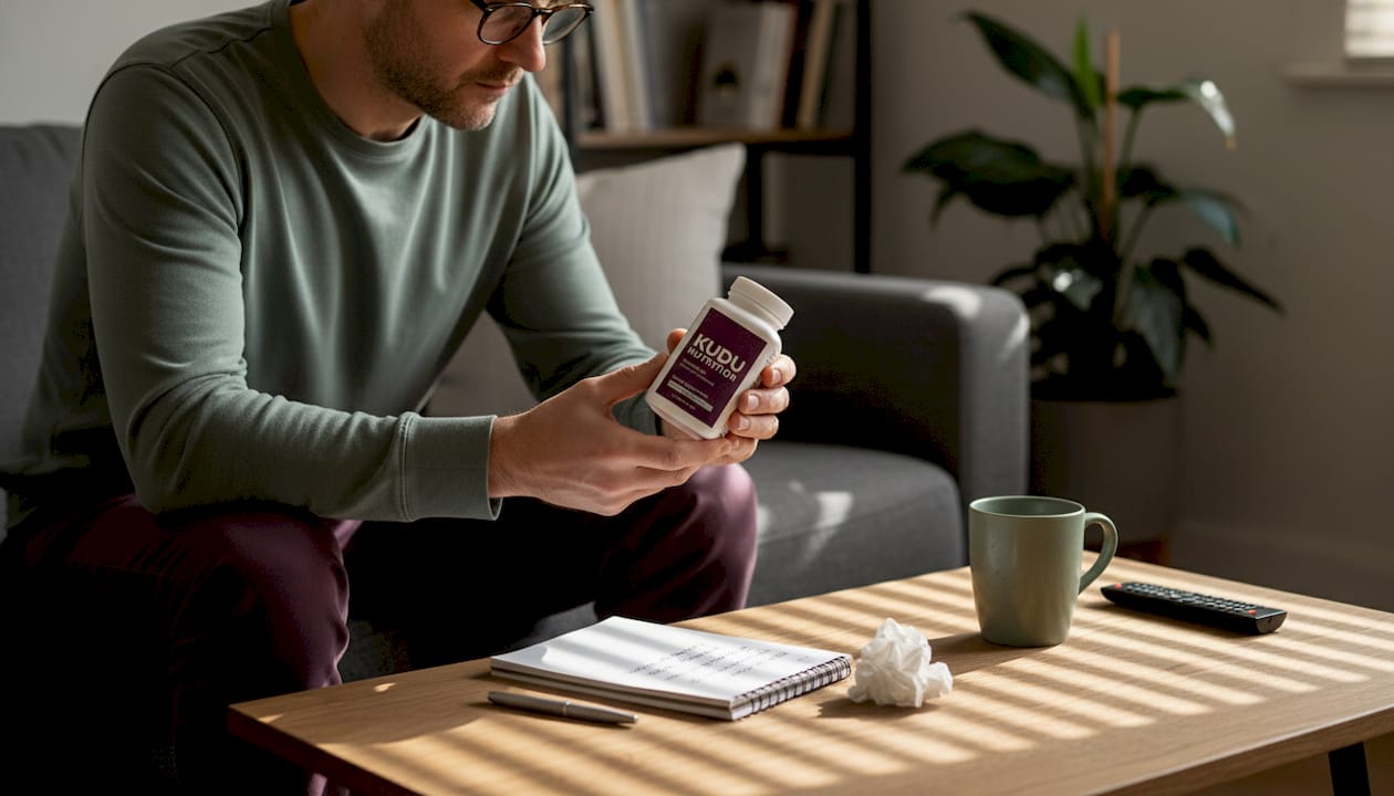 Man studying collagen supplement bottle at home