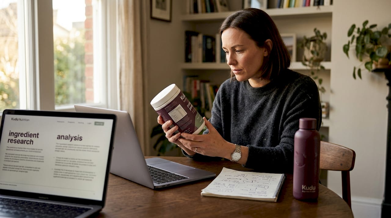 Woman examining supplement proprietary blend label