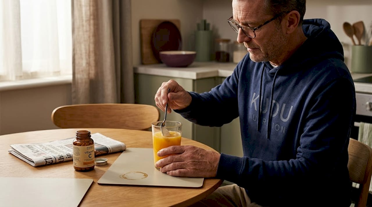 Man preparing collagen supplement in kitchen