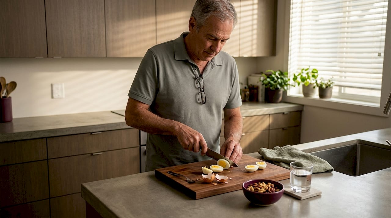 Older man preparing protein snack at kitchen counter