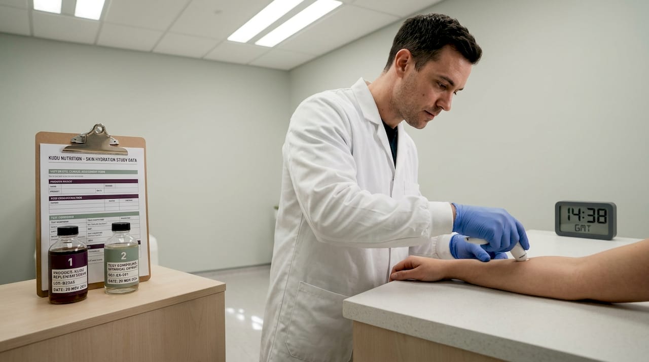 Lab technician measuring skin hydration in clinic