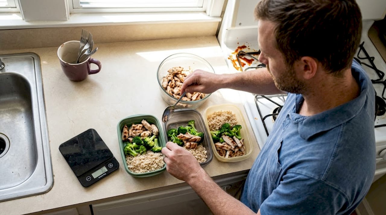 Man portioning protein-rich meals into containers