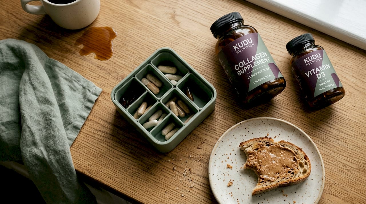 Supplements and breakfast items on kitchen counter