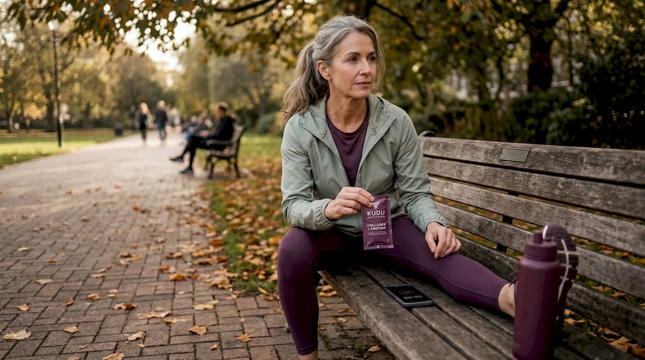 Woman using collagen after morning walk bench