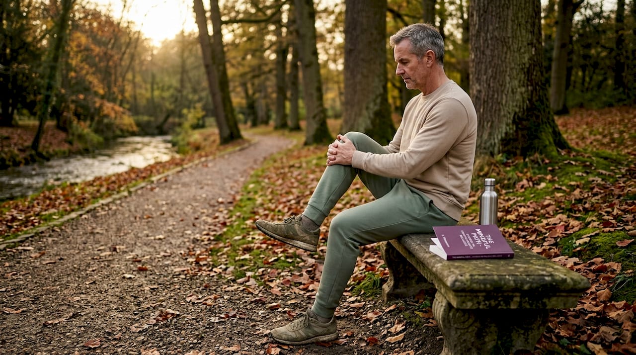 Man stretches knee beside park bench