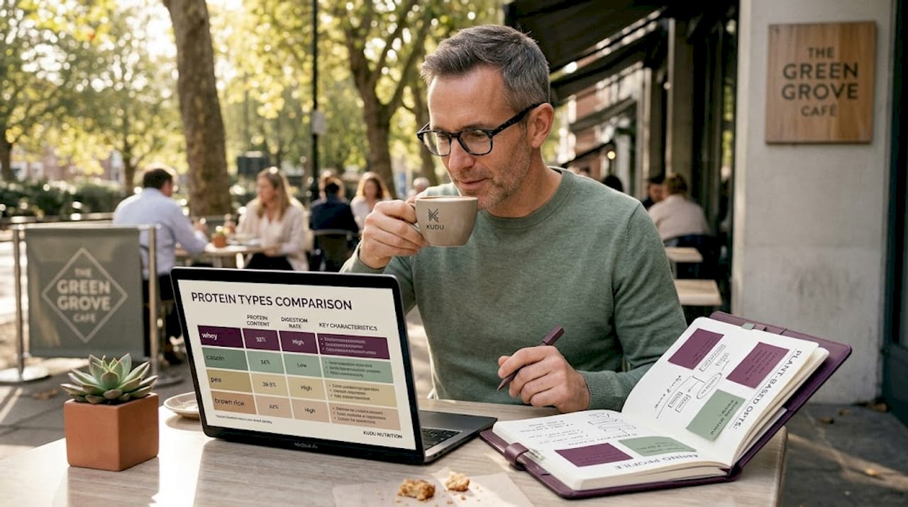 Nutritionist comparing protein charts in café