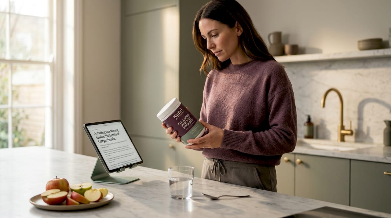 Woman reading peptide label in kitchen
