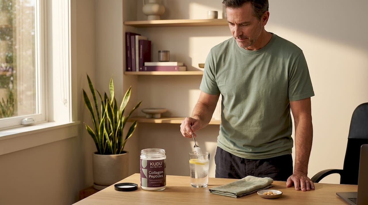 Man mixes collagen supplement into orange juice