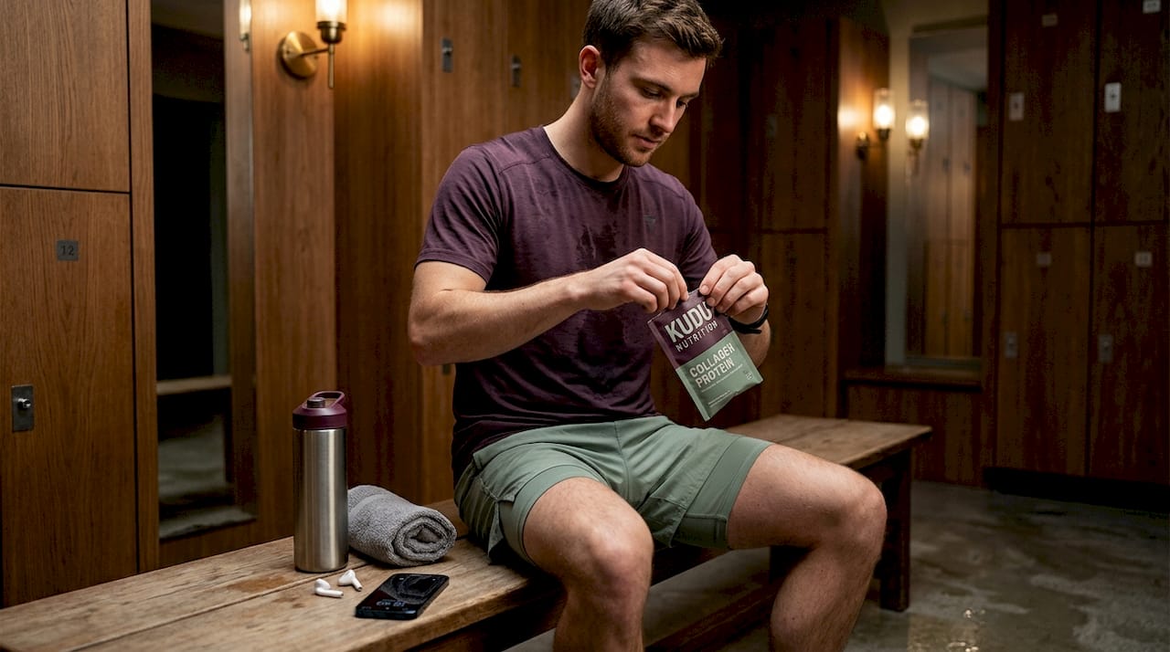 Runner opening protein snack in locker room