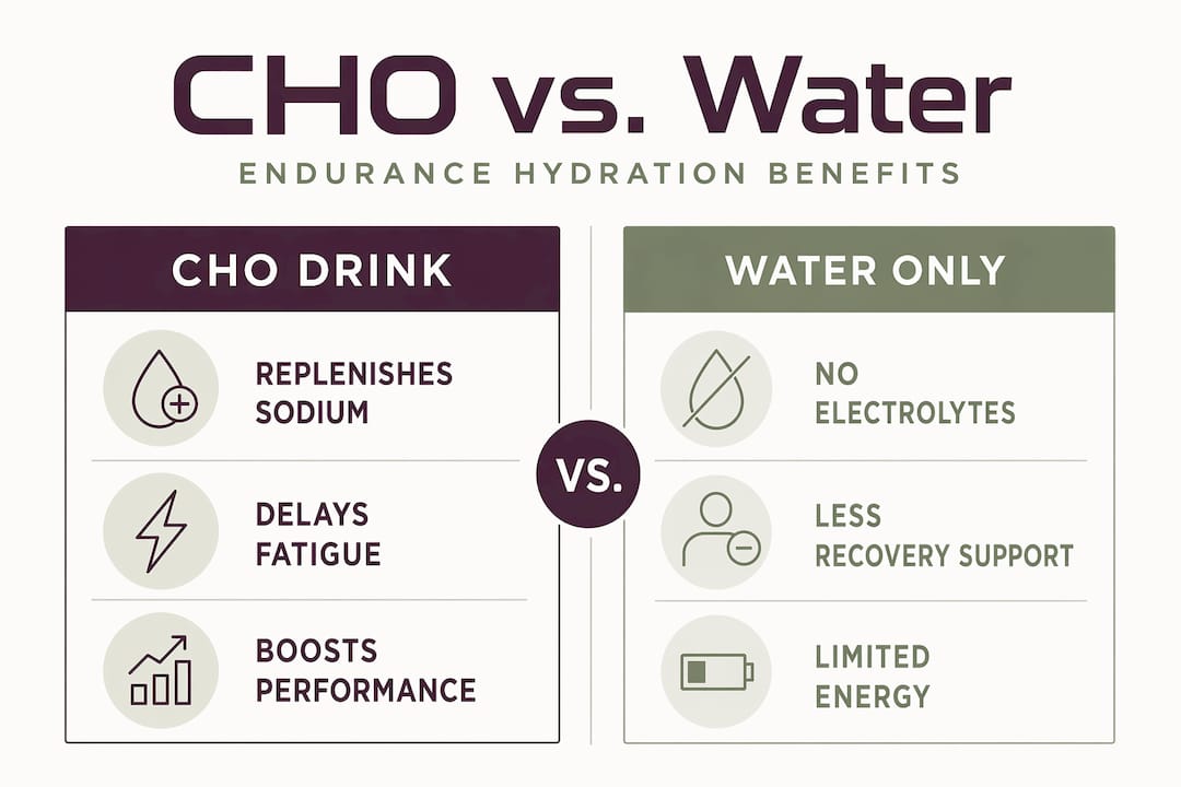 Infographic comparing CHO drinks and water for endurance