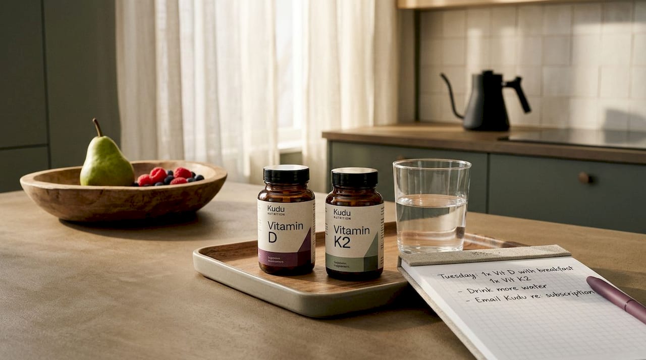 Vitamin D and K2 supplements on kitchen counter