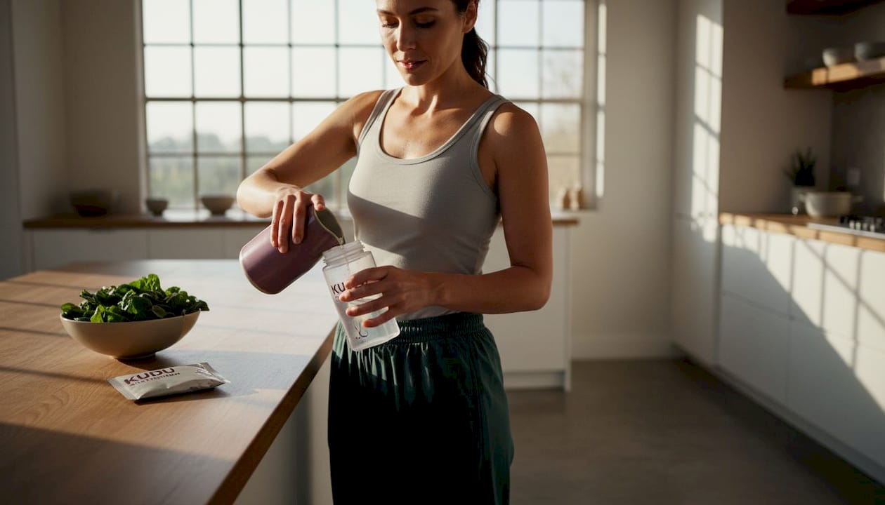 Runner rehydrating in living room after workout