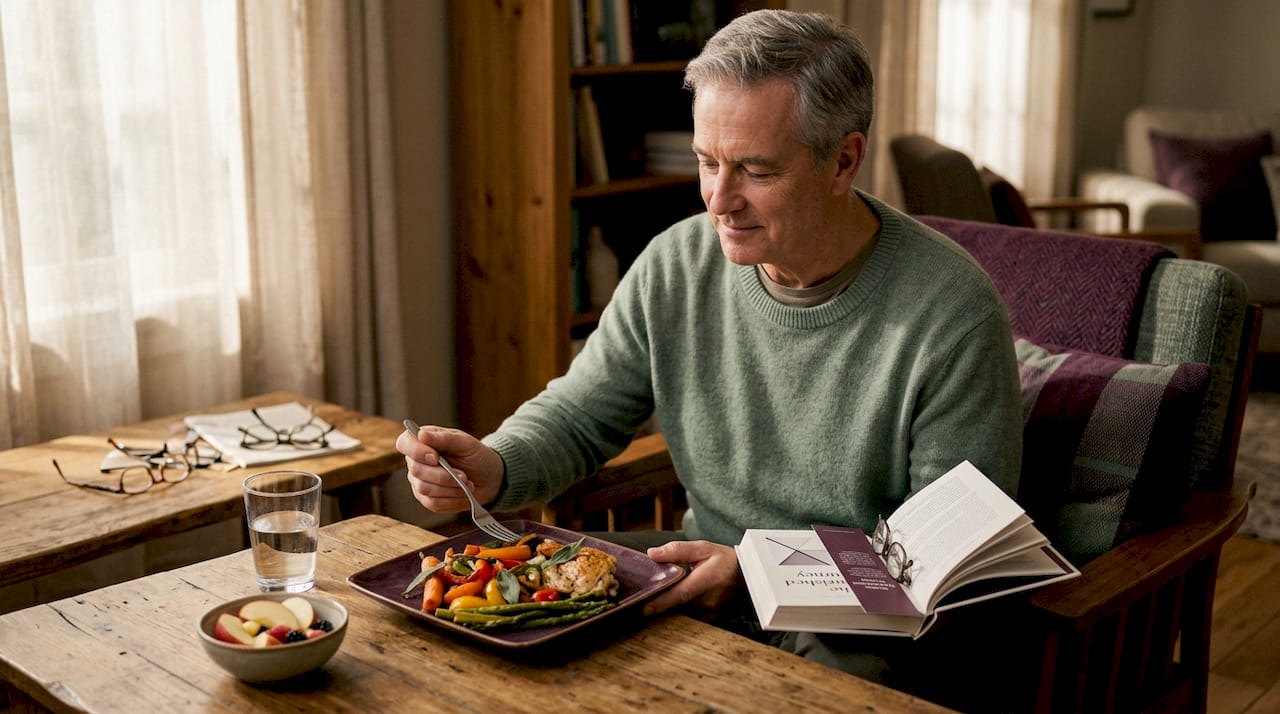 Older man quietly eating balanced meal