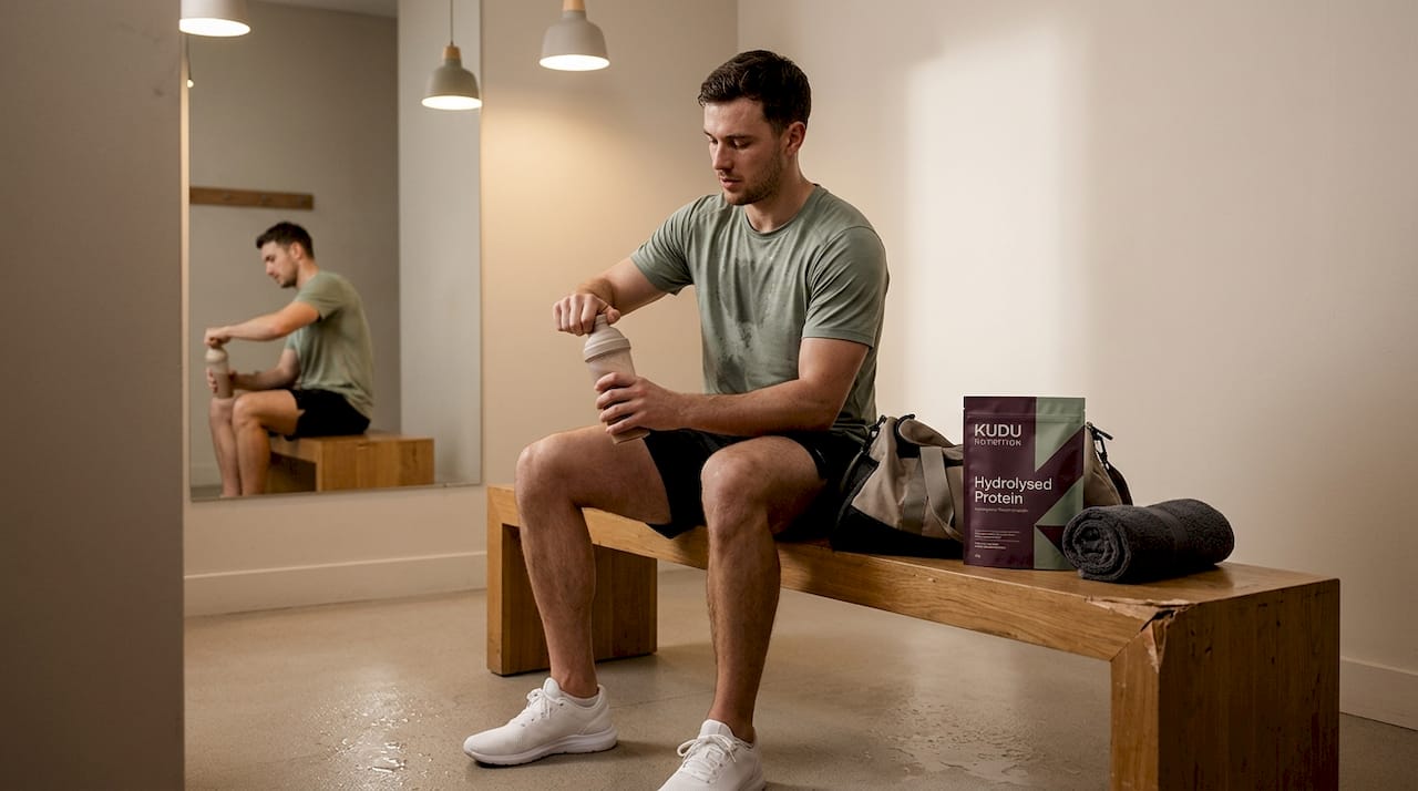 Runner mixing protein drink after workout