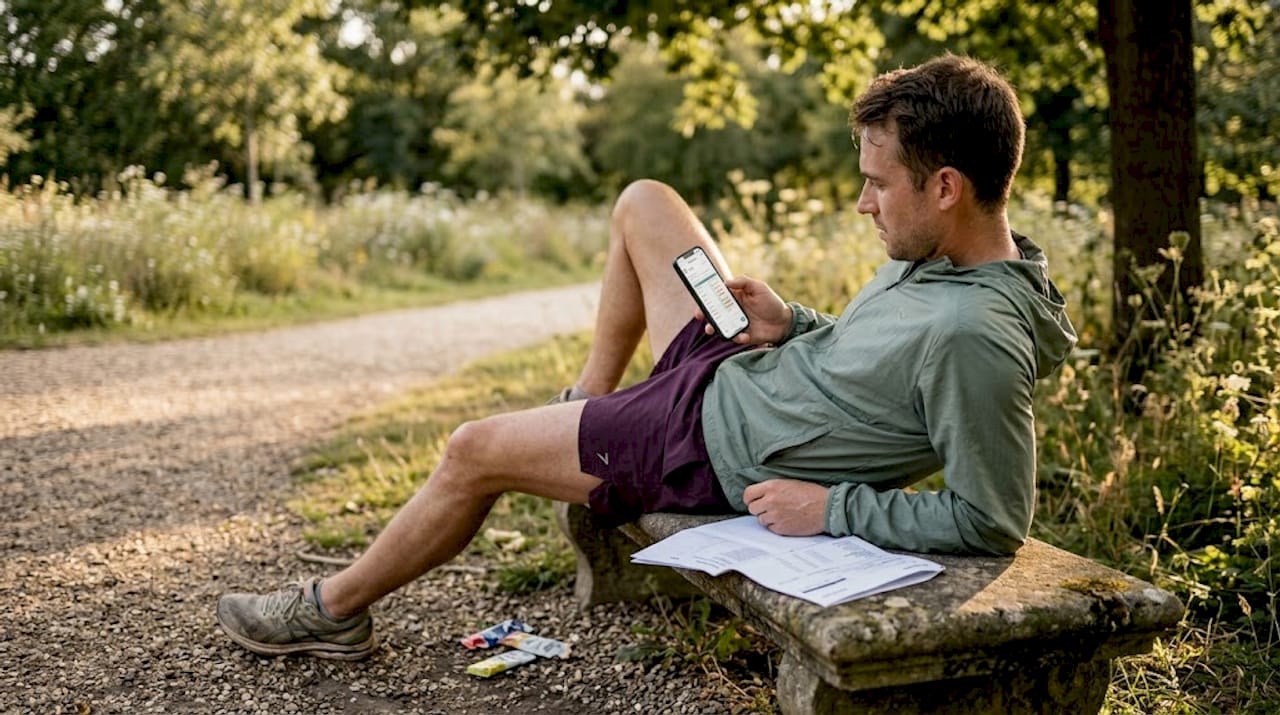 Runner reviewing test results on park bench