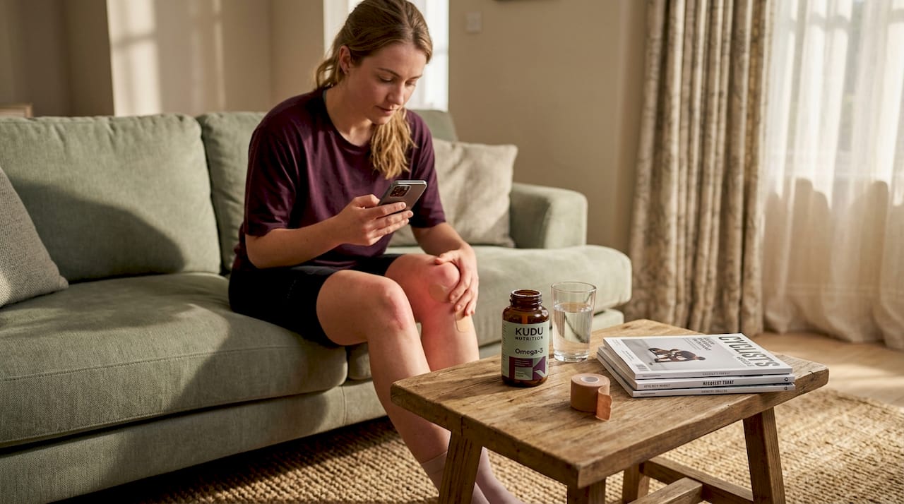 Cyclist with omega-3 supplement and tablet