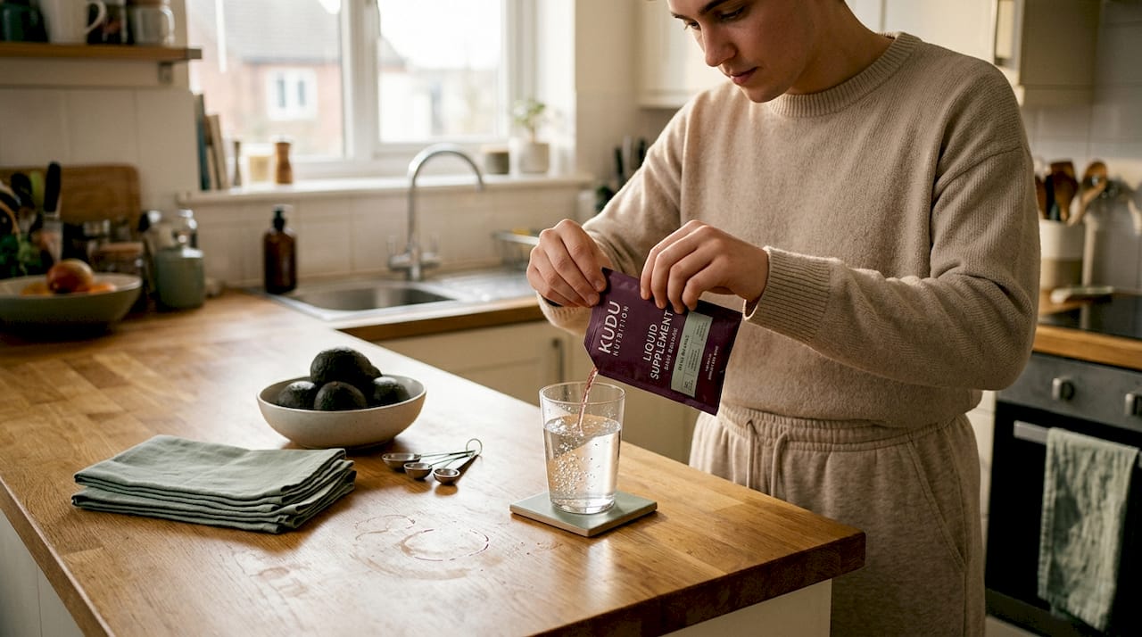 Person preparing liquid supplement in kitchen