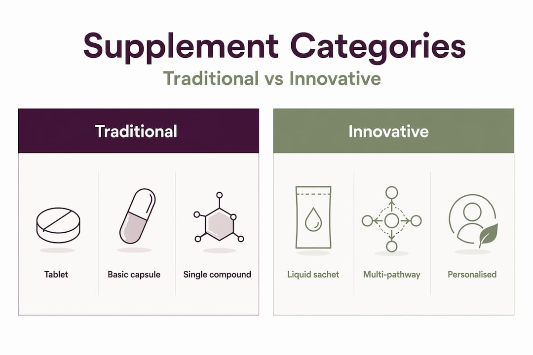 Infographic contrasting supplement categories 2026