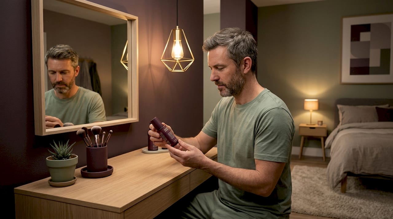 Man reviewing skin care routine at night