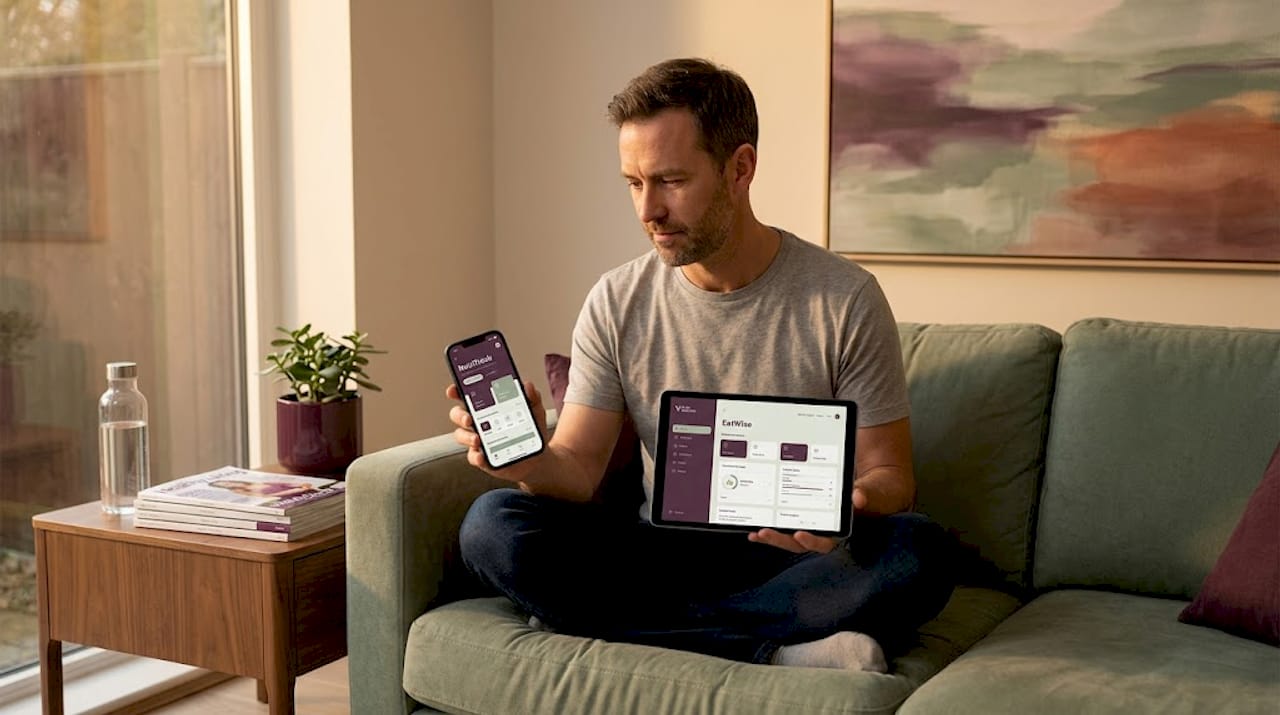 Man compares nutrition apps on phone and tablet in living room