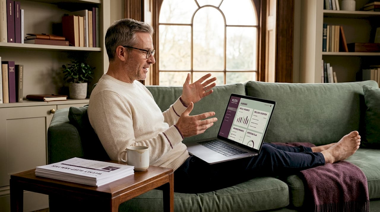 Man discussing wellness data on living room sofa