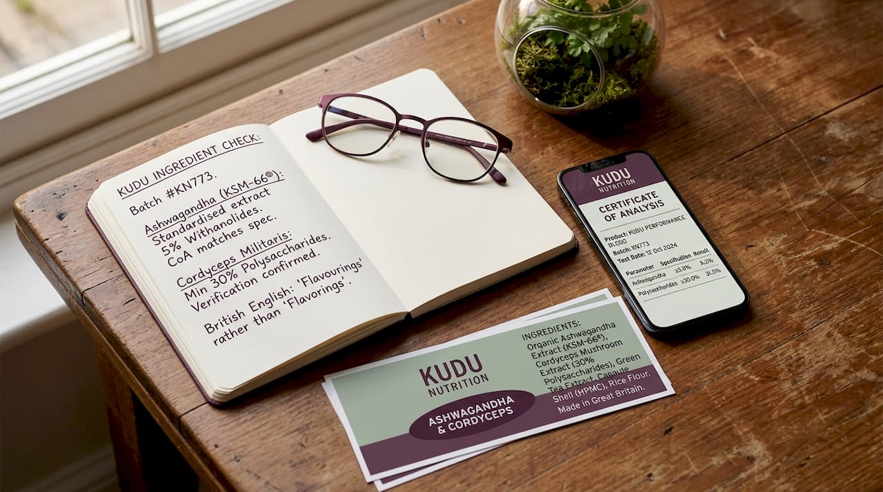 Flat lay of ingredient reading materials and label