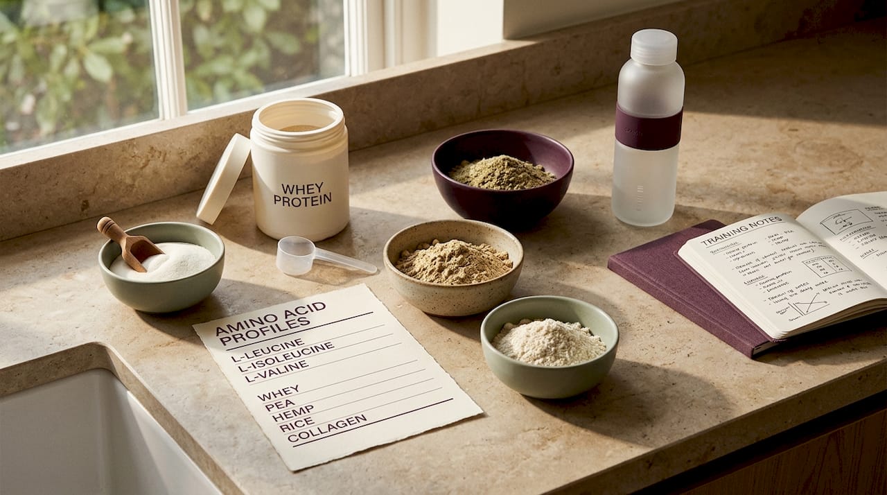 Flat lay of various protein powders and nutrition notes