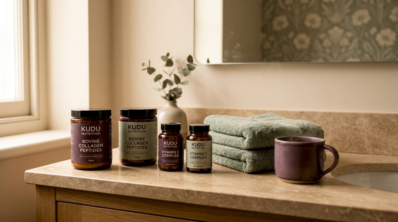 Collagen and vitamin C supplements in bathroom cabinet