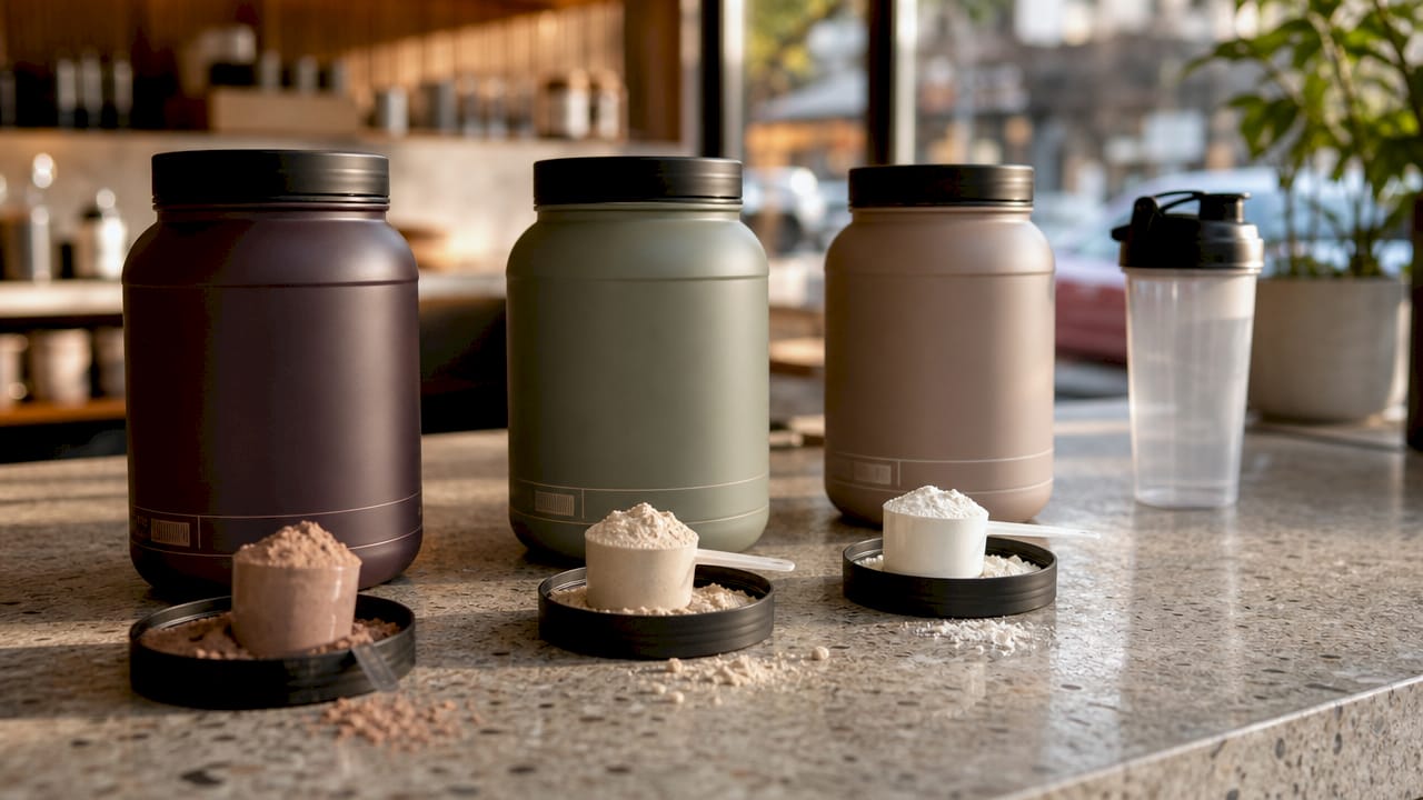 Various protein powders and scoops on table