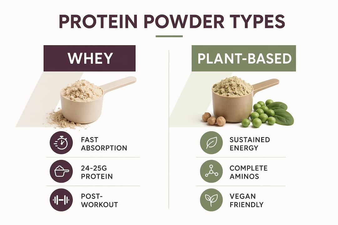 Infographic comparing whey and plant-based protein powders