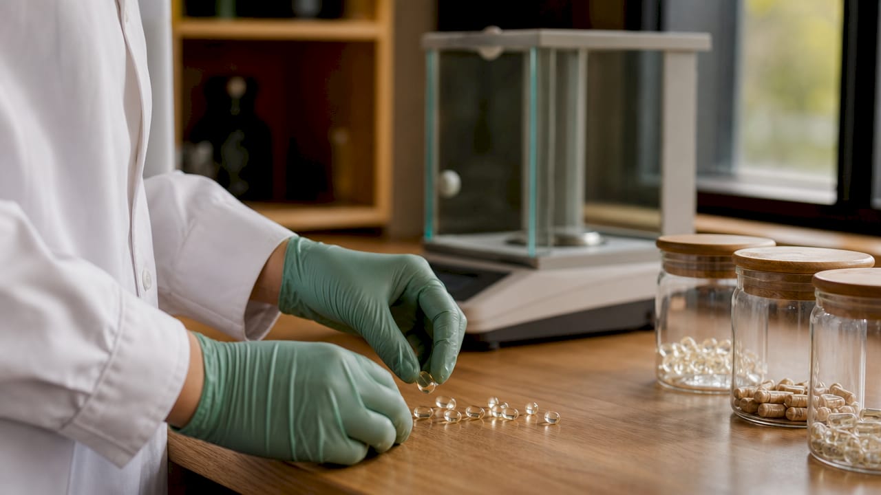 Technician handling supplement capsules for testing