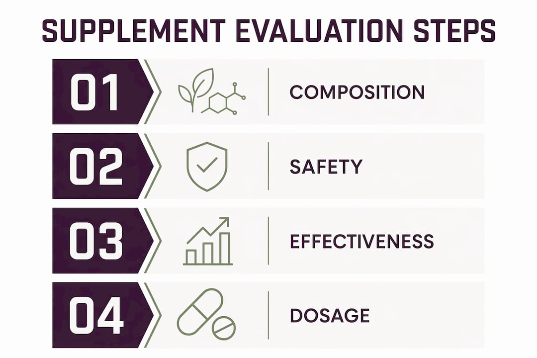 Infographic illustrating the four steps of supplement evaluation