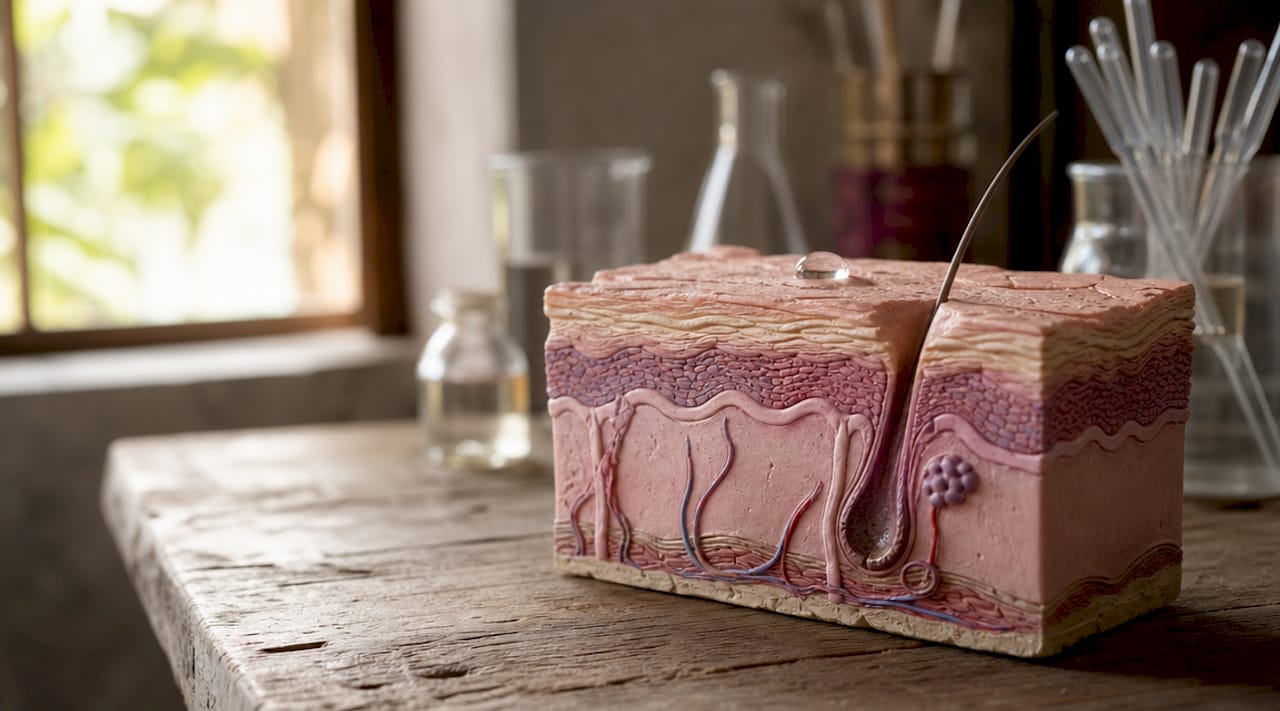 Close-up model of skin layers with water droplet