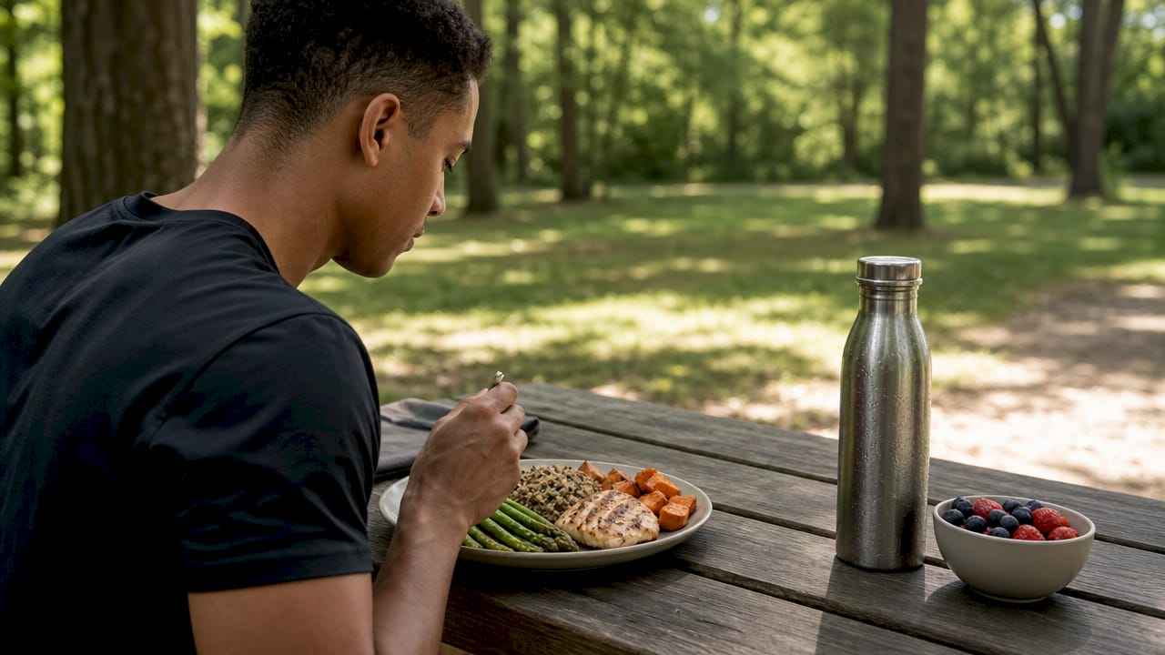 Balanced athlete meal emphasizing carbs and protein