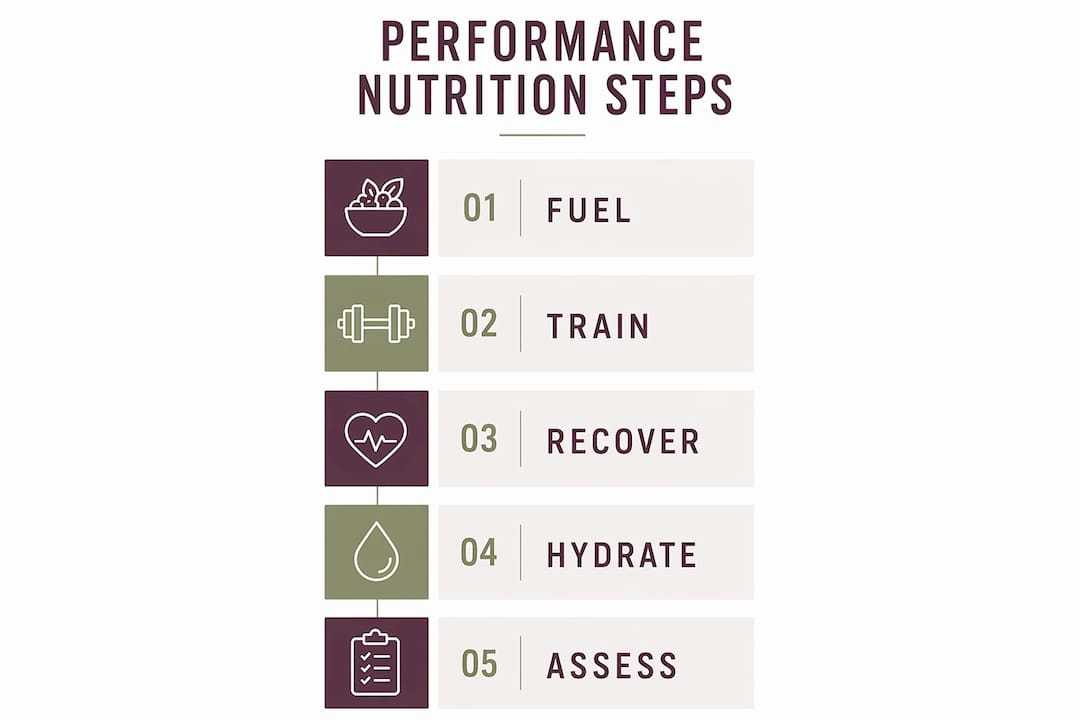 Infographic showing five key steps of performance nutrition